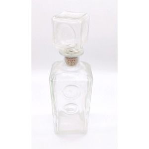 Vintage Decanter Whiskey Art Deco Clear Glass Circular Pattern W/ Square Stopper